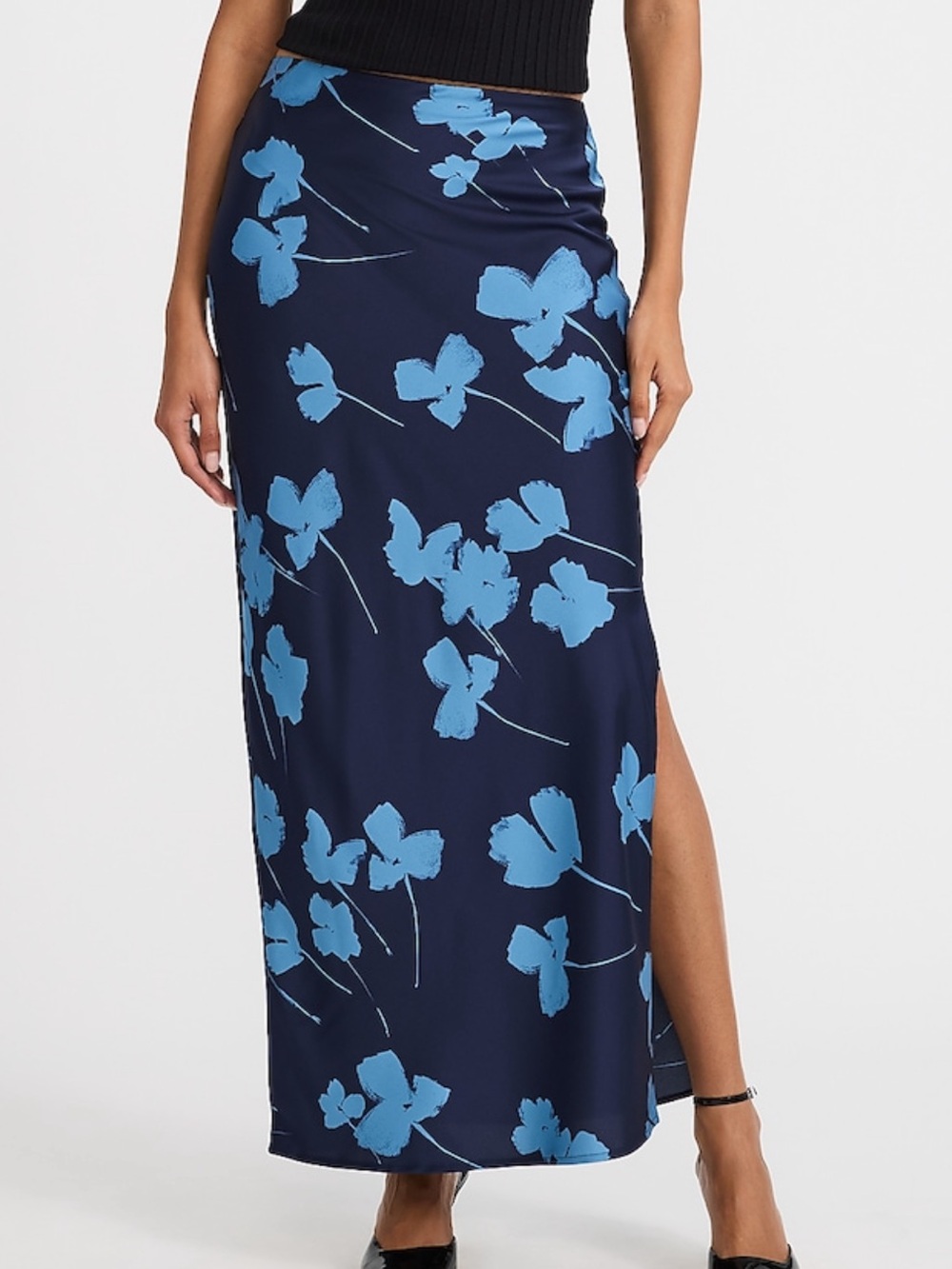 Navy Blue Floral Maxi Skirt with Side Slit/ EXPRESS NEVER WORN